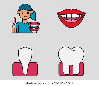 Conjunto de ícones dentários. Contendo Dental higienista, sorriso, pré-molar, molar. preenchido estilo ícone contorno.