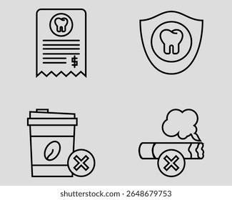 Dental icon set. Containing Dental invoice, dental insurance, no coffee, no smoking. Outline icon style.