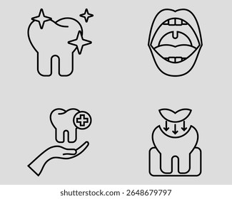 Dental icon set. Containing shiny teeth, oral care, orthodontic treatment, filling. Outline icon style.