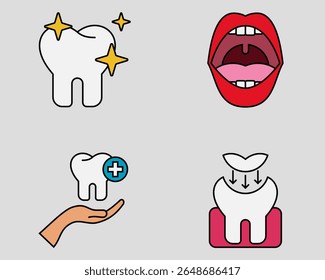 Dental icon set. Containing shiny teeth, oral care, orthodontic treatment, filling. filled outline icon style.