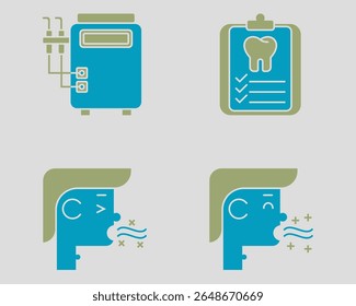 Conjunto de ícones dentários. Contendo deficiência de sução, lista de verificação dentária, halitose, boa respiração. Estilo de ícone de cor dupla sólida