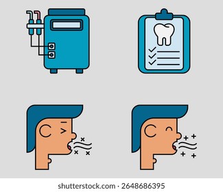 Zahnärztliche Ikonenset. Enthaltend Saugapparat, Dental-Checklist, Halitose, guten Atem. Symbolstil für gefüllte Gliederung.