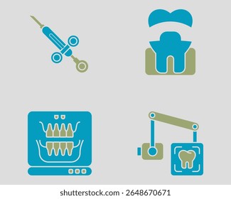 Conjunto de ícones dentários. Contendo seringa dentária, coroa de prata, raio x panaromic, raio x intraoral. estilo ícone de cor dupla sólida.