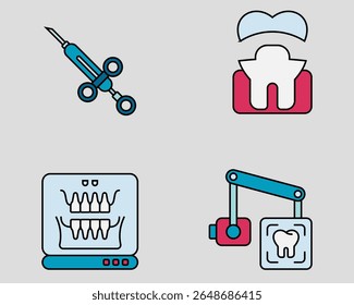 Conjunto de ícones dentários. Contendo Seringa dentária, coroa prateada, raio x panaromico, raio x intraoral. estilo de ícone de contorno preenchido.