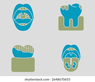 Dental icon set. Containing Tonsillitis, cavity, darkened tooth, thrush. Solid dual color icon style