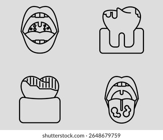 Conjunto de ícones dentários. Contendo amidalite, cavidade, dente escuro, candidíase. Estilo do ícone da estrutura de tópicos.