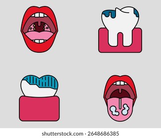 Dental icon set. Containing Tonsillitis, cavity, darkened tooth, thrush. filled outline icon style.