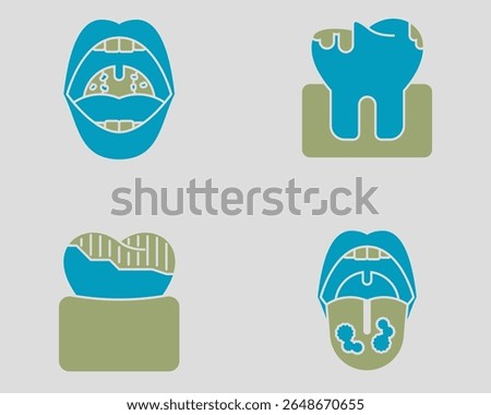 Dental icon set. Containing Tonsillitis, cavity, darkened tooth, thrush. Solid dual color icon style