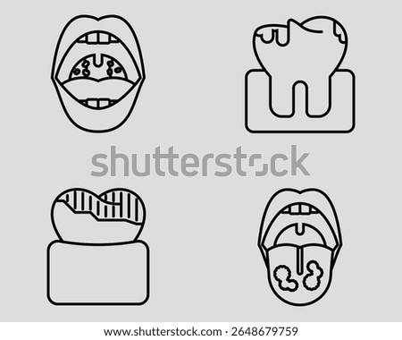Dental icon set. Containing Tonsillitis, cavity, darkened tooth, thrush. Outline icon style.