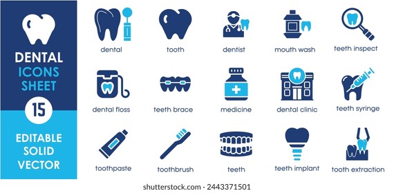 Zahnärztliche Symbolgruppe. Enthält Zahn, Zahnarzt, Zahnpasta, Zahnbürste, Zähne, Implantat und so weiter. Flache Zähne Pflegesymbole gesetzt.