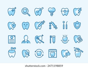 Dental icon set. containing tooth, dentist, toothpaste, toothbrush, teeth, implant and dentistry icons. can be used in children dentist clinic. medical health and dentistry concept.