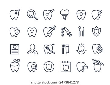 Dental Icon Set. enthält Zahn-, Zahnarzt-, Zahnpasta-, Zahnbürsten-, Zähne-, Implantat- und Zahntechniksymbole. Kann in Kinderzahnarztklinik verwendet werden.