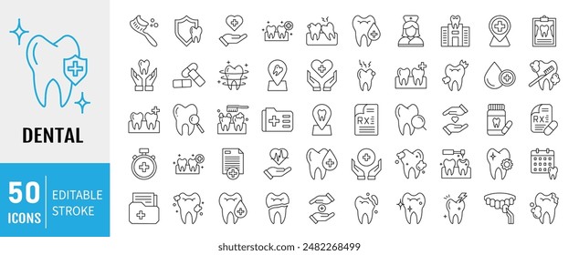 Dental icon set. Containing tooth, toothpaste, toothbrush, teeth, implant and dentistry icons. Dental icon collection. Vector illustration.