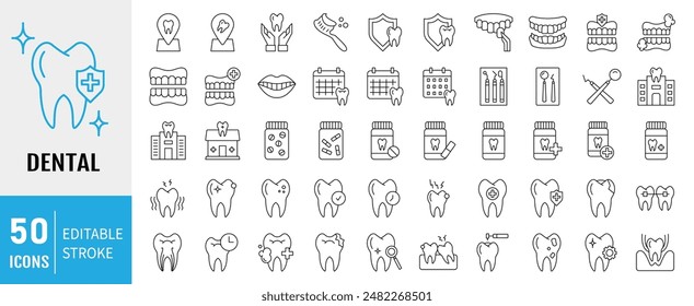 Icono dental. Contiene iconos de dientes, pasta dental, cepillo de dientes, dientes, implantes y odontología. Colección de ícono dental. Ilustración vectorial.