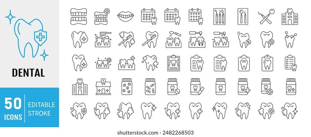 Dental icon set. Containing tooth, toothpaste, toothbrush, teeth, implant and dentistry icons. Dental icon collection. Vector illustration.