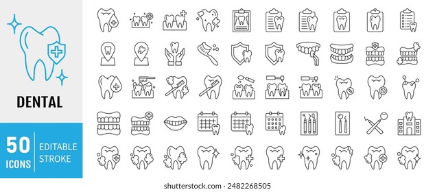 Dental icon set. Containing tooth, toothpaste, toothbrush, teeth, implant and dentistry icons. Dental icon collection. Vector illustration.