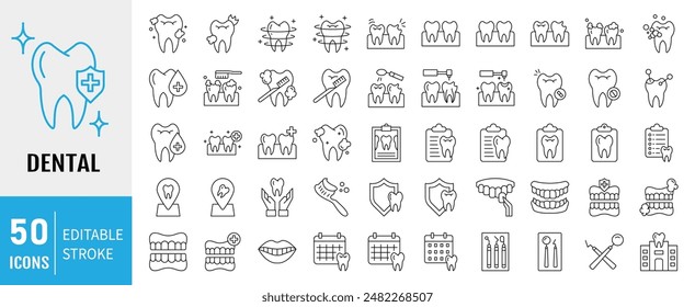 Icono dental. Contiene iconos de dientes, pasta dental, cepillo de dientes, dientes, implantes y odontología. Colección de ícono dental. Ilustración vectorial.