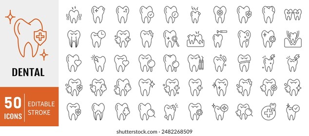 Dental icon set. Containing tooth, toothpaste, toothbrush, teeth, implant and dentistry icons. Dental icon collection. Vector illustration.