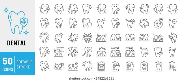 Dental icon set. Containing tooth, toothpaste, toothbrush, teeth, implant and dentistry icons. Dental icon collection. Vector illustration.