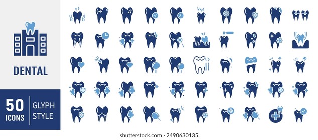 Dental icon set. Containing tooth, toothpaste, toothbrush, teeth, implant and dentistry icons. Dental icon collection. Vector illustration.