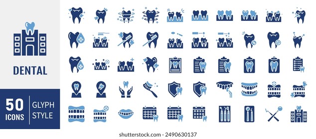 Dental icon set. Containing tooth, toothpaste, toothbrush, teeth, implant and dentistry icons. Dental icon collection. Vector illustration.