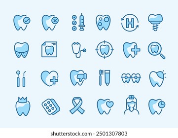 Conjunto de iconos dentales. que contiene dientes, dentistas, pasta de dientes, cepillo de dientes, dientes, implantes e iconos de odontología. se puede utilizar en la clínica de odontología infantil. concepto de salud médica y odontología.