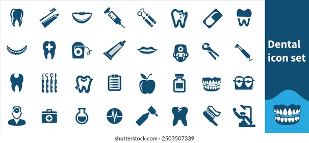 Conjunto de icono dental. Contiene dientes, dentista, pasta de dientes, cepillo de dientes, dientes, implantes e iconos de la odontología. Colección de iconos sólidos. Ilustración vectorial.