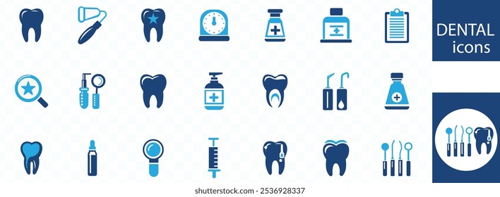 Dental icon set. Containing tooth, dentist, toothpaste, toothbrush, teeth, implant and dentistry icons. Solid icon collection. Vector illustration