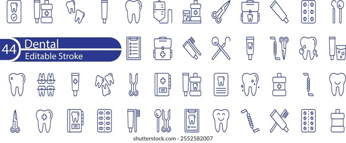 Dental icon set. Containing tooth, dentist, toothpaste, toothbrush, teeth, implant and dentistry icons. Solid icon collection