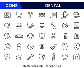 Dental icon set. Containing tooth, dentist, toothpaste, toothbrush, teeth, implant and dentistry icons collection. Vector illustration.