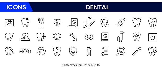 Dental icon set. Containing tooth, dentist, toothpaste, toothbrush, teeth, implant and dentistry icons collection. Vector illustration.