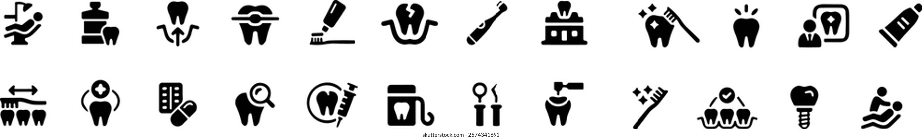 Dental icon set. Containing tooth, dentist, toothpaste, toothbrush, teeth, implant and dentistry icons. Solid icon collection. Vector illustration.