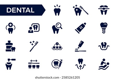 Dental icon set. Containing tooth, dentist, toothpaste, toothbrush, teeth, implant and dentistry icons. Solid icon collection. Vector illustration.