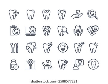 Dental icon set. containing tooth, dentist, toothpaste, toothbrush, teeth, implant and dentistry icons. can be used in children dentist clinic. medical health and dentistry concept. vector.