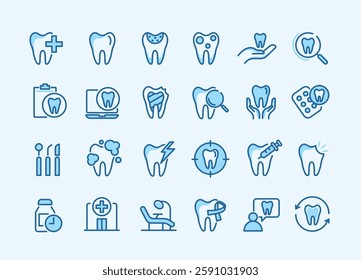 Dental icon set. containing tooth, dentist, toothpaste, toothbrush, teeth, implant and dentistry icons. can be used in children dentist clinic. medical health and dentistry concept. vector.