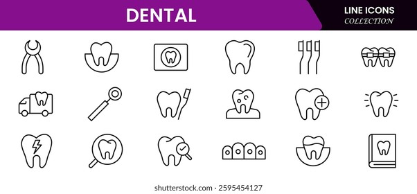 Dental icon set. Containing tooth, dentist, toothpaste, toothbrush, teeth, implant and dentistry icons collection. Vector illustration.
