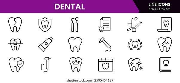 Dental icon set. Containing tooth, dentist, toothpaste, toothbrush, teeth, implant and dentistry icons collection. Vector illustration.