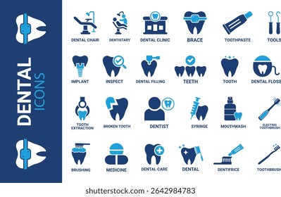 Zahnärztliche Ikonenset. Enthaltend Zahn, Zahnarzt, Zahnpasta, Zahnbürste, Zähne, Implantat und Zahnheilmittel. Solide Symbolsammlung. Vektorgrafik.