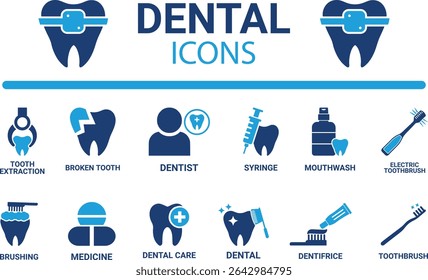 Conjunto de icono dental. Contiene dientes, dentista, pasta de dientes, cepillo de dientes, dientes, implantes e iconos de la odontología. Colección de iconos sólidos. Ilustración vectorial.