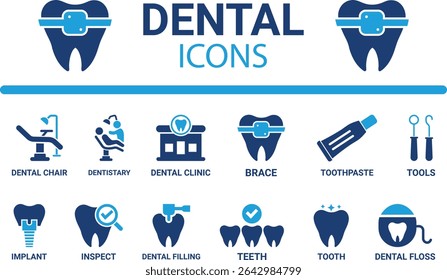 Dental icon set. Containing tooth, dentist, toothpaste, toothbrush, teeth, implant and dentistry icons. Solid icon collection. Vector illustration.
