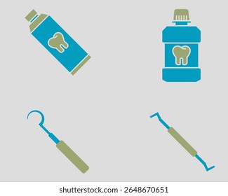 Conjunto de ícones dentários. Contendo pasta de dente, lavagem da boca, sonda de foice, escalador. Estilo de ícone de cor dupla sólida