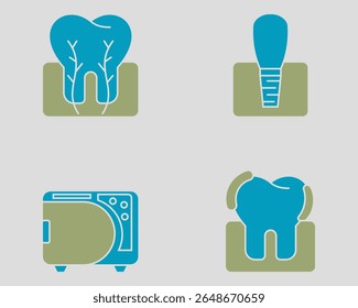 Dental icon set. Containing Tooth cross section, manicure, autoclave, plaque. Solid dual color icon style