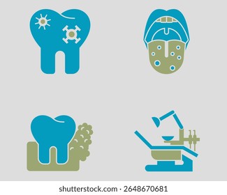 Dental icon set. Containing Tooth bacteria, tongue infection, dental cancer, dentist engine. Solid dual color icon style