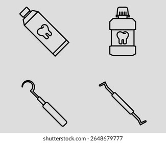 Conjunto de ícones dentários. Contendo pasta de dente, lavagem da boca, sonda de foice, escalador. Estilo do ícone da estrutura de tópicos.