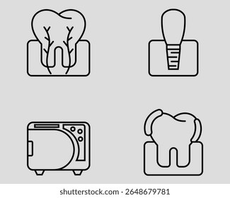 Dental icon set. Containing Tooth cross section, manicure, autoclave, plaque. Outline icon style.