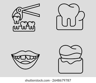 Conjunto de ícones dentários. Contendo remoção de dentes, goma inchada, dente lascado, gengivite. Estilo do ícone da estrutura de tópicos.