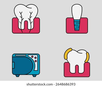 Dental icon set. Containing Tooth cross section, manicure, autoclave, plaque. filled outline icon style.