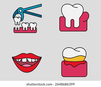 Conjunto de ícones dentários. Contendo remoção de dentes, goma inchada, dente lascado, gengivite. estilo de ícone de contorno preenchido.