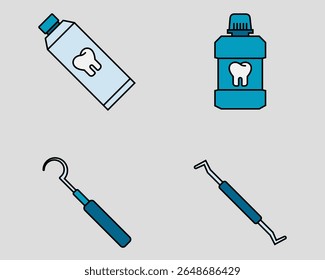Conjunto de ícones dentários. Contendo pasta de dente, lavagem da boca, sonda de foice, escalador. estilo de ícone de contorno preenchido.