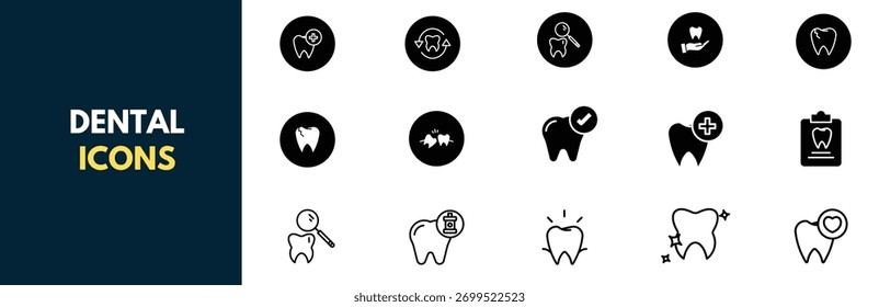 Dental icon set. Containing tooth, toothpaste, toothbrush, teeth, implant and dentistry icons. Dental icon collection. Vector illustration.